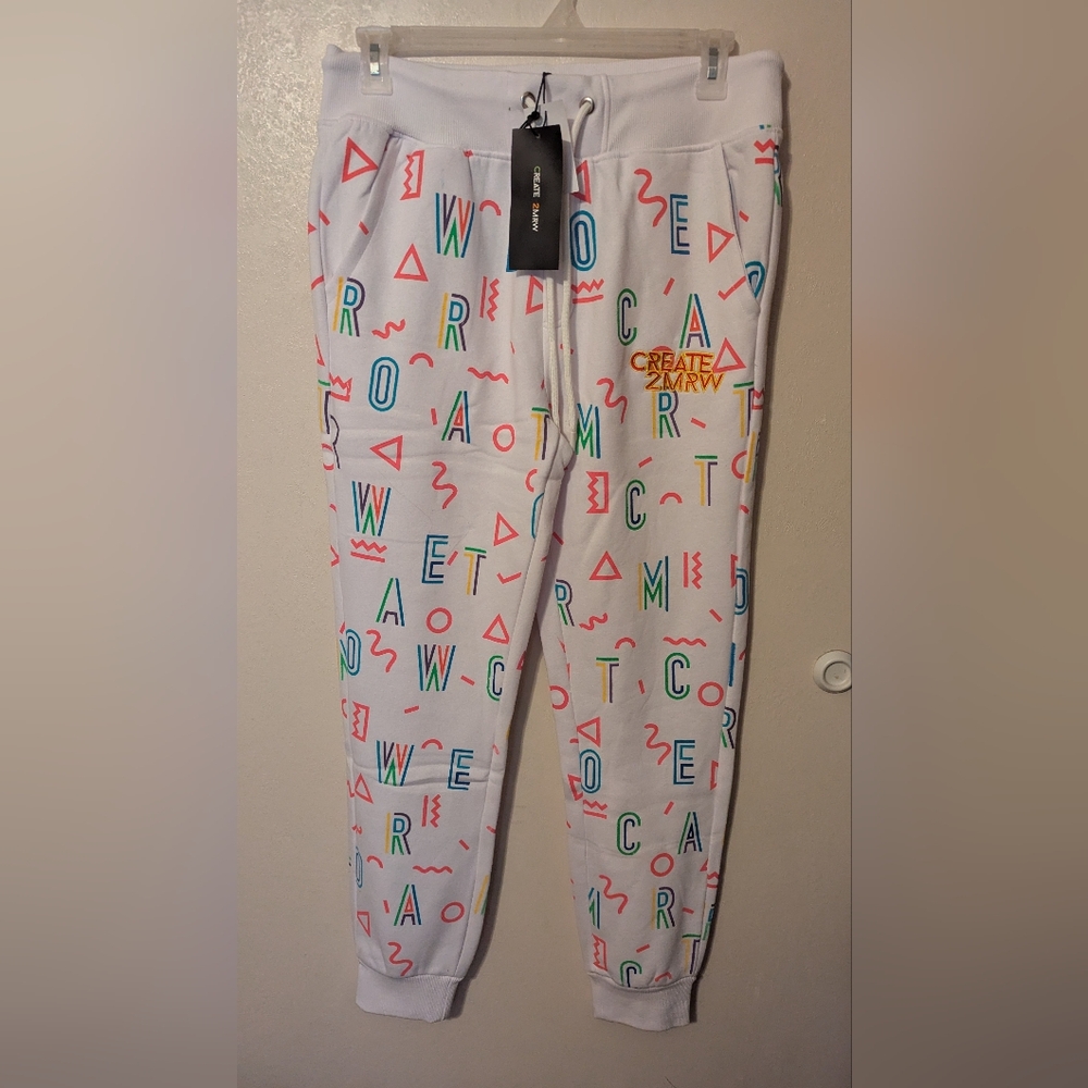 CREATE 2MRW GRAPHIC JOGGER PANTS SIZE LARGE WHITE MULTI NWT